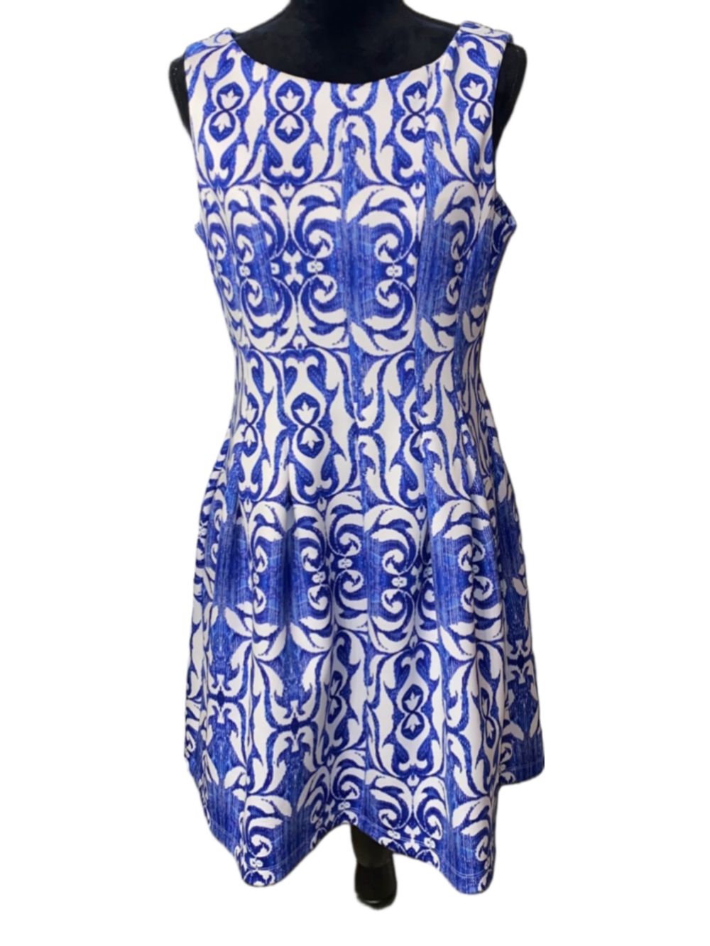 Julian Taylor New York Dress Size 12 Blue White Scroll Damask Print Fit & Flare